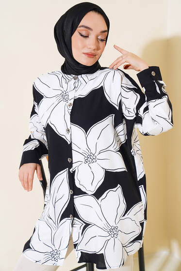 Desenli Oversize Gömlek Beyaz Çiçekli - Gömlek