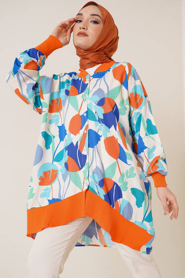 Desenli Oversize Gömlek Ekru Oranj - Gömlek