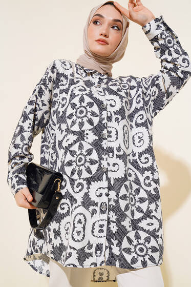 Desenli Oversize Gömlek Füme - Gömlek