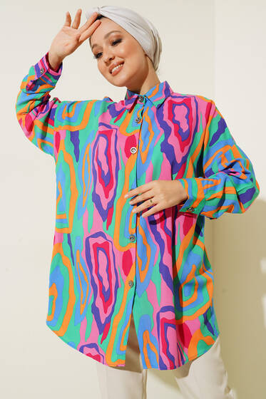 Desenli Oversize Gömlek Fusya - Gömlek