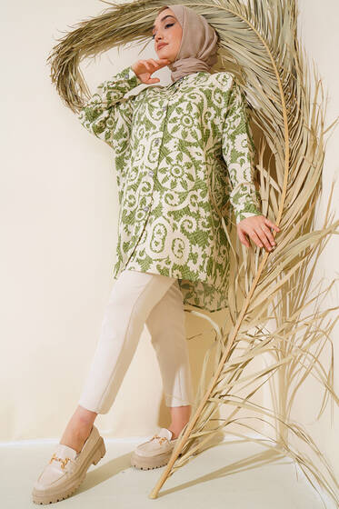 Desenli Oversize Gömlek Haki - Gömlek