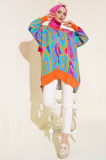 Desenli Oversize Gömlek Fuşya - Gömlek