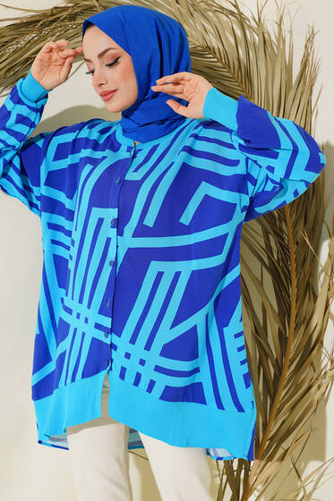 Desenli Oversize Gömlek Turkuaz - Gömlek