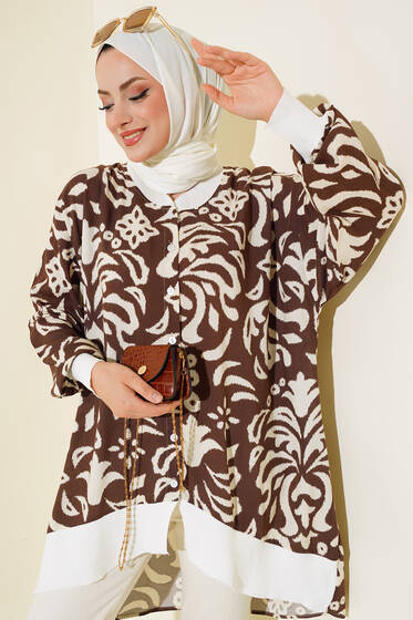 Desenli Oversize Gömlek Kahve Bej - Gömlek