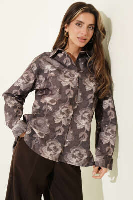 Desenli Oversize Gömlek Kahve - Kadın Giyim Modelleri