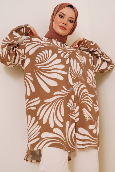 Desenli Oversize Gömlek Latte - Gömlek