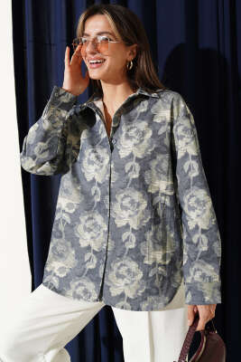 Desenli Oversize Gömlek Mavi - LEVURE