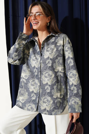 Desenli Oversize Gömlek Mavi - Kadın Giyim Modelleri
