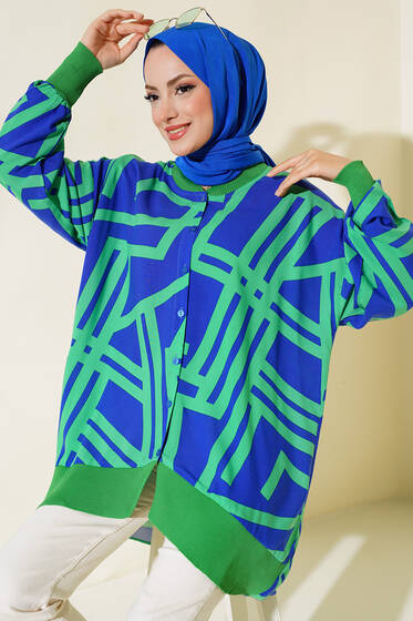 Desenli Oversize Gömlek Mavi Yeşil - Gömlek