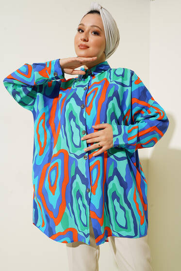 Desenli Oversize Gömlek Petrol - Gömlek