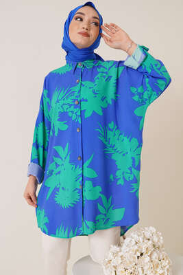 Desenli Oversize Gömlek Saks Yeşil 