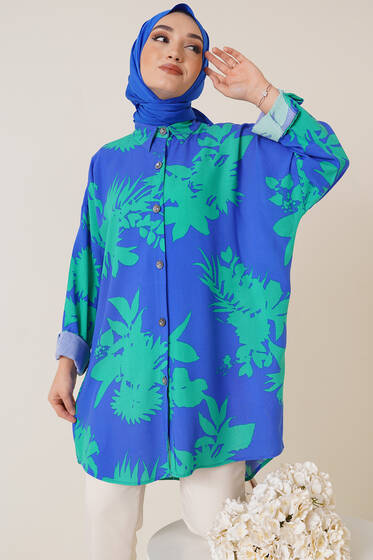 Desenli Oversize Gömlek Saks Yeşil - Gömlek