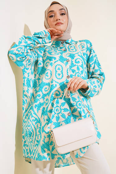 Desenli Oversize Gömlek Turkuaz - Gömlek