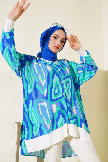 Desenli Oversize Gömlek Yeşil Beyaz - Gömlek