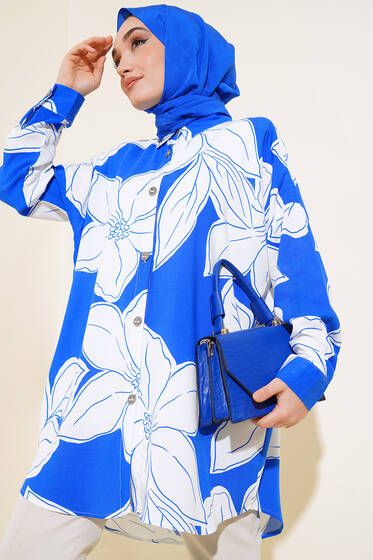 Desenli Oversize Gömlek Saks - Gömlek