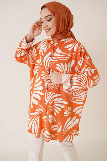 Desenli Oversize Gömlek Oranj - Gömlek