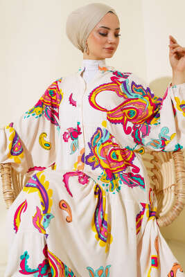 Desenli Patlı Elbise Bej - NEVA MODA