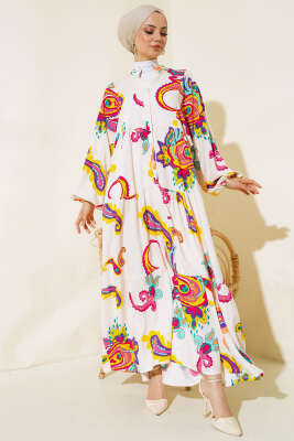 Desenli Patlı Elbise Bej - Tesettür Elbise