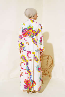 Desenli Patlı Elbise Bej - Tesettür Elbise