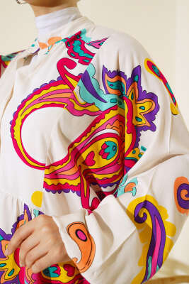 Desenli Patlı Elbise Bej - Tesettür Elbise