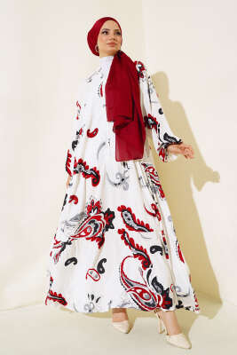 Desenli Patlı Elbise Ekru 