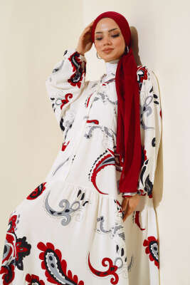 Desenli Patlı Elbise Ekru - Tesettür Elbise