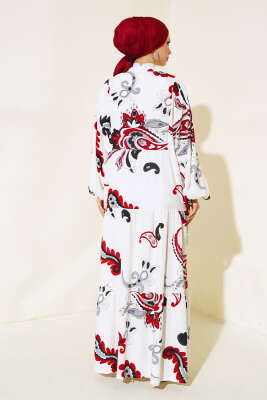 Desenli Patlı Elbise Ekru - Tesettür Elbise