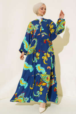 Desenli Patlı Elbise Lacivert 