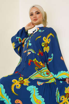 Desenli Patlı Elbise Lacivert - Tesettür Elbise