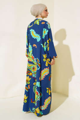 Desenli Patlı Elbise Lacivert - Tesettür Elbise