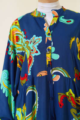 Desenli Patlı Elbise Lacivert - Tesettür Elbise