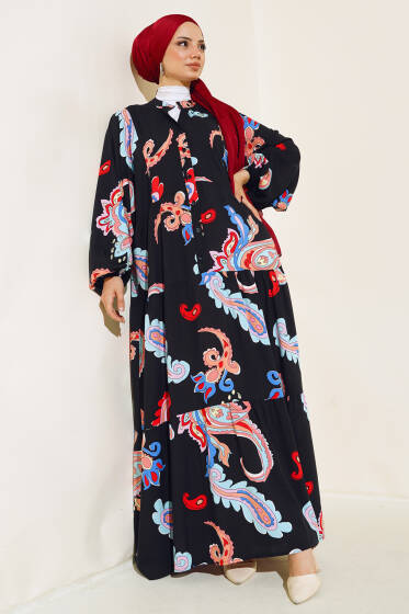 Desenli Patlı Elbise Siyah - Elbise