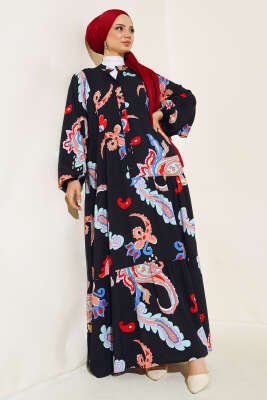 Desenli Patlı Elbise Siyah 