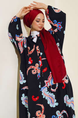 Desenli Patlı Elbise Siyah - Tesettür Elbise