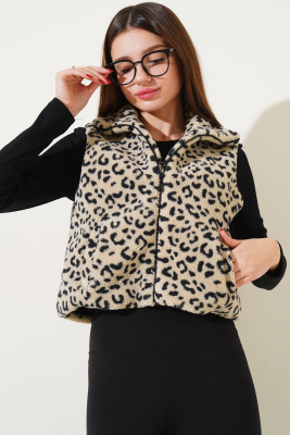 Desenli Peluş Kısa Yelek Bej - TİLLE