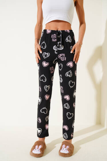Desenli Pijama Siyah Pudra - Kadın Pijama Takımı