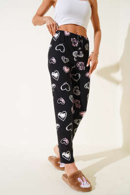 Desenli Pijama Siyah Pudra - Kadın Pijama Takımı