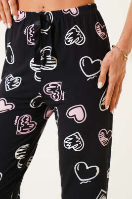 Desenli Pijama Siyah Pudra - Kadın Pijama Takımı