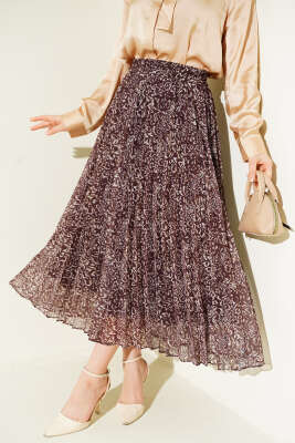 Desenli Pileli Beli Lastikli Etek Kahve - ESTELLE