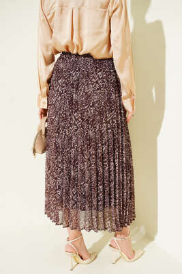 Desenli Pileli Beli Lastikli Etek Kahve - Etek