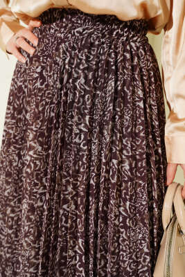 Desenli Pileli Beli Lastikli Etek Kahve - Etek