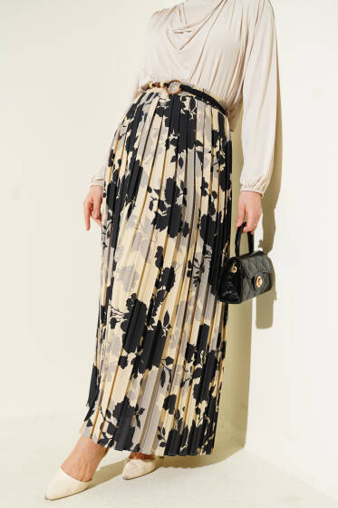 Desenli Pileli Beli Lastikli Etek Siyah - Etek