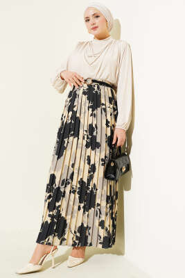 Desenli Pileli Beli Lastikli Etek Siyah - Etek