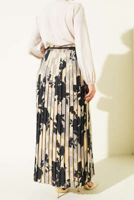 Desenli Pileli Beli Lastikli Etek Siyah - Etek