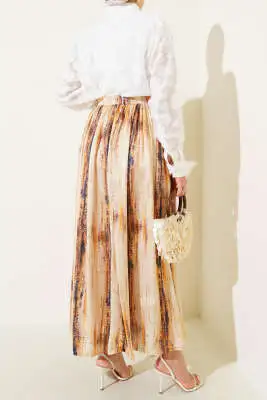 Desenli Pileli Saten Etek Sarı - Uzun Etek