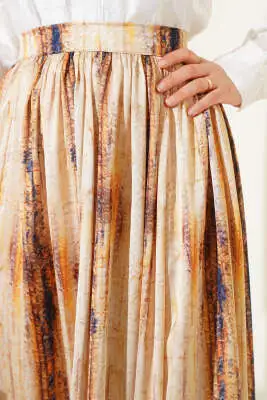 Desenli Pileli Saten Etek Sarı - Uzun Etek