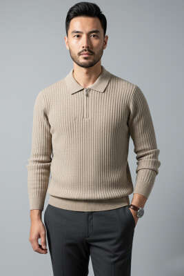 Desenli Polo Yaka Fermuarlı Kazak Bej - WİPEOUT