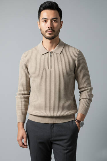 Desenli Polo Yaka Fermuarlı Kazak Bej - Erkek Kazak