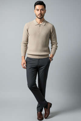 Desenli Polo Yaka Fermuarlı Kazak Bej - Erkek Kazak