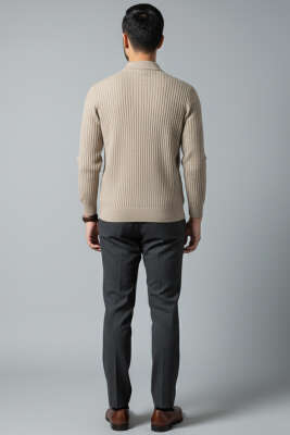 Desenli Polo Yaka Fermuarlı Kazak Bej - Erkek Kazak